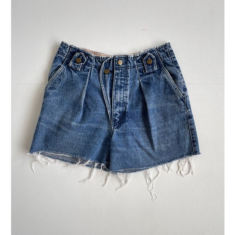 Vtg 80s High Rise Blue Denim Pleated Cut Off Jean Shorts / 28-29" Grunge Jorts